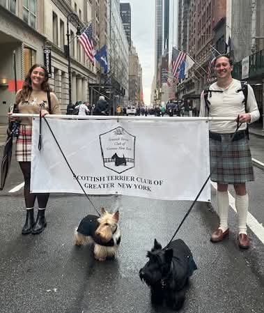 Madeline Harmon another Scottie enthusiast carried the STCGNY banner in 2025 NYC Tartan Day parade.
